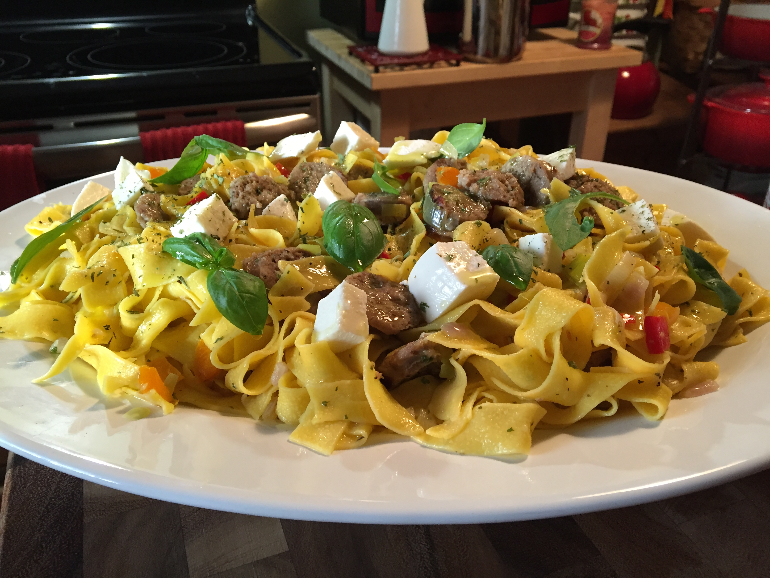 Sweet Italian Sausage, Mozzarella, and Basil Over Pappardelle