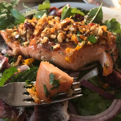 Mint and Walnut Crusted Pan-Seared Salmon.