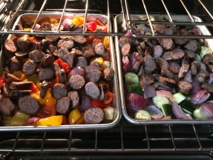 Sweet Italian Sausage With Roasted Vegetables Over Creamy Parmesan Polenta