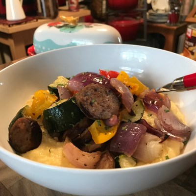 Sweet Italian Sausage With Roasted Vegetables Over Creamy Polenta